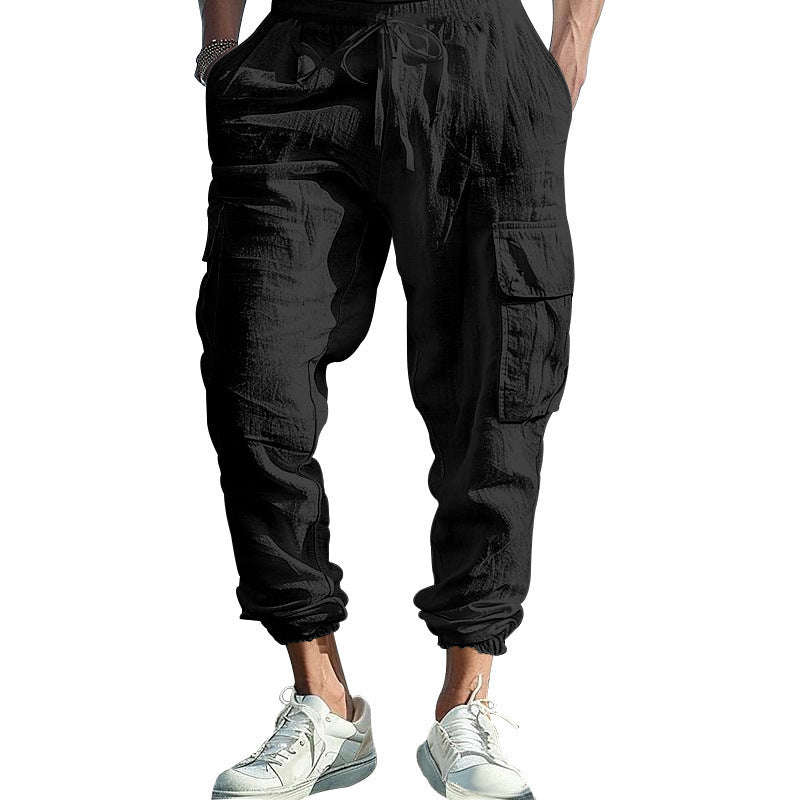Mens Casual Cotton-Linen Pants With Multiple Pockets And A Drawstring