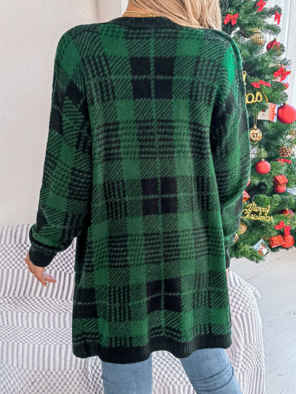 Casual Color Block Plaid Pocket Long Sleeve Cardigan Sweater Coat