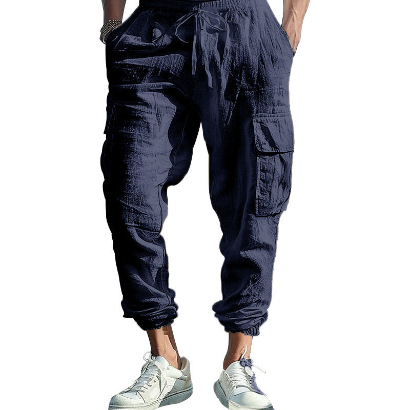 Mens Casual Cotton-Linen Pants With Multiple Pockets And A Drawstring