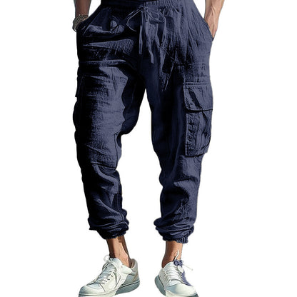 Mens Casual Cotton-Linen Pants With Multiple Pockets And A Drawstring