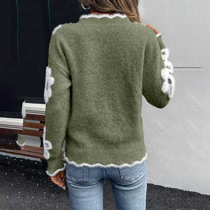 Women's Fall Floral Pattern V-Neck Sweater, Long Sleeve Pullover With Scallop Trim Casual Dressy Top