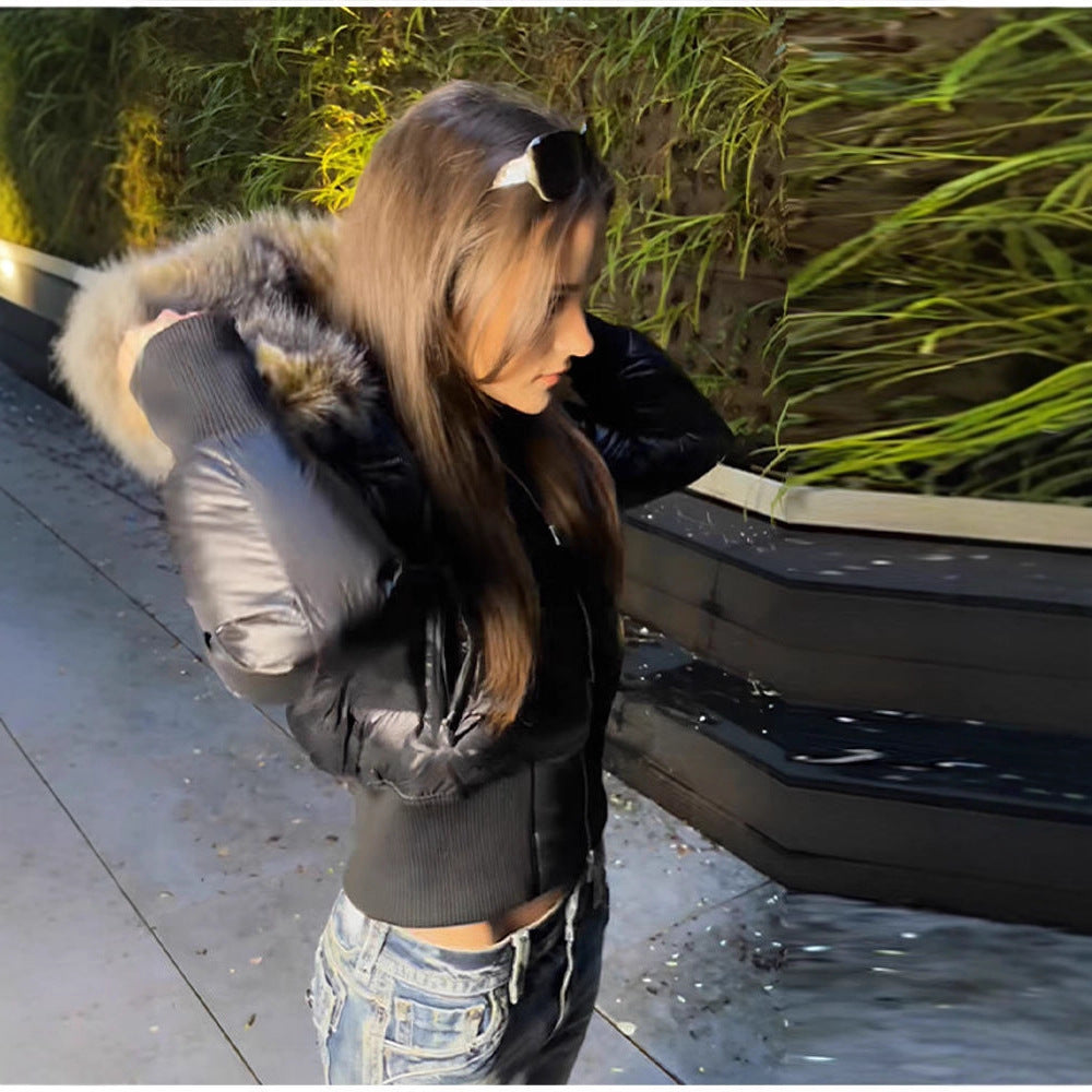 Detachable Sleeves With Zipper Fur Collar Hooded Waist-cinching Cotton Coat