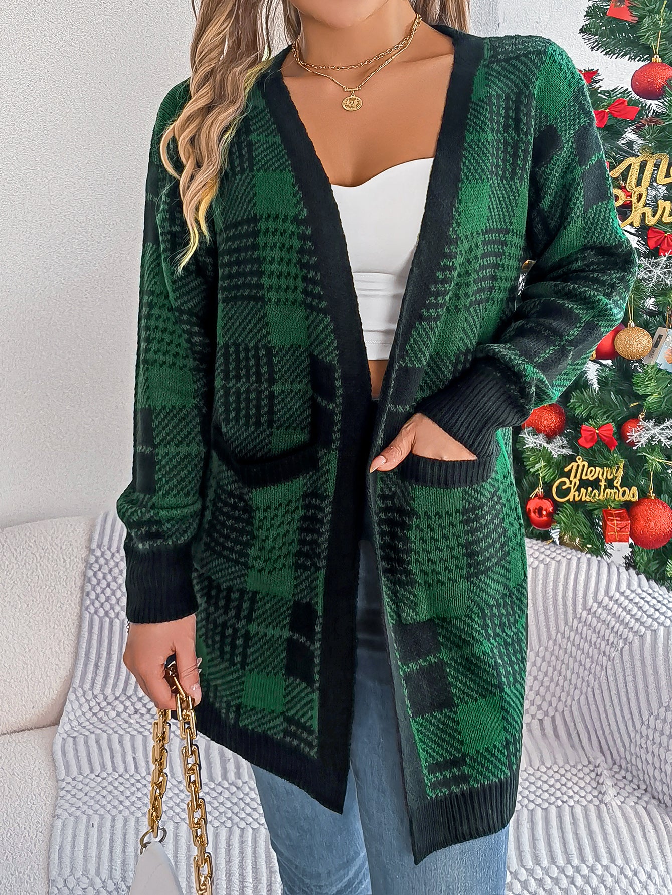 Casual Color Block Plaid Pocket Long Sleeve Cardigan Sweater Coat