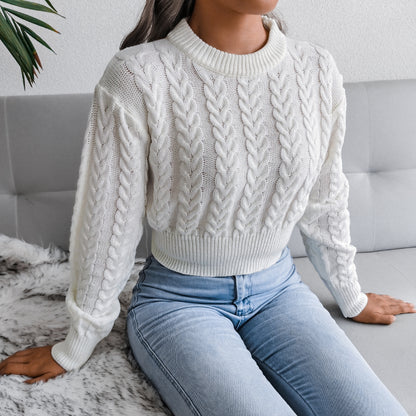 Cable Knit Waist Cinched Cropped Sweater