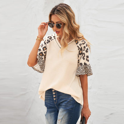 Leopard Print Stitching Five-point Sleeve Top Bottoming Shirt Small V-neck Pullover