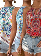 Printed Notched Neck Sleeveless Tank Top  3PC Set