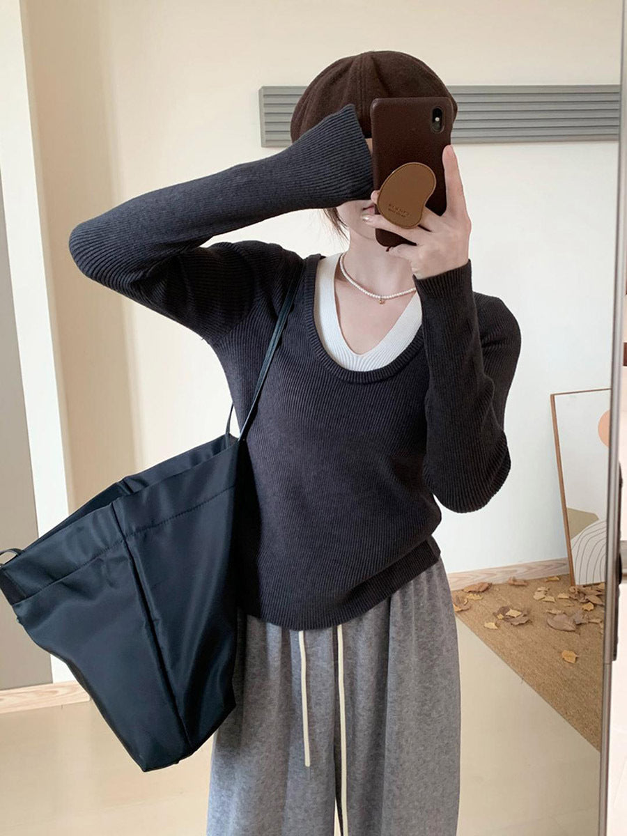 Contrast Color V-neck Long-sleeve Knitwear Sweater Top