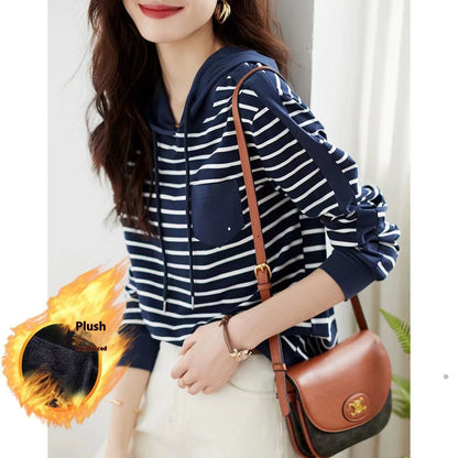 Simple Commute Hit Pocket Contrast Color Hooded Long Sleeve T-shirt
