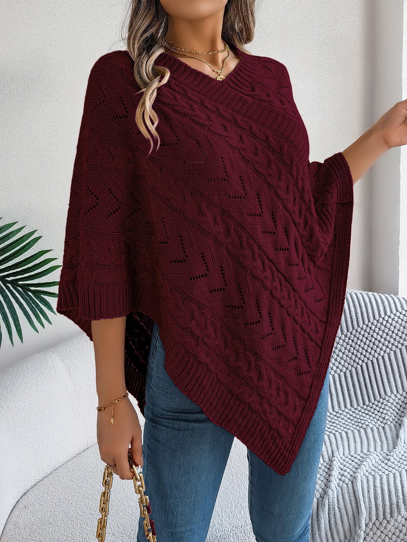 Casual Solid Color Cable Knit Loose Poncho Sweater Coat