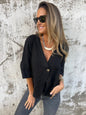Casual Women's V-neck Cotton And Linen Solid Color ShirtT-shirt