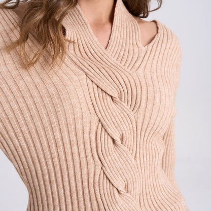 V-neck Cable Knit Sweater Turtleneck Ribbed Long-sleeve Top For Women