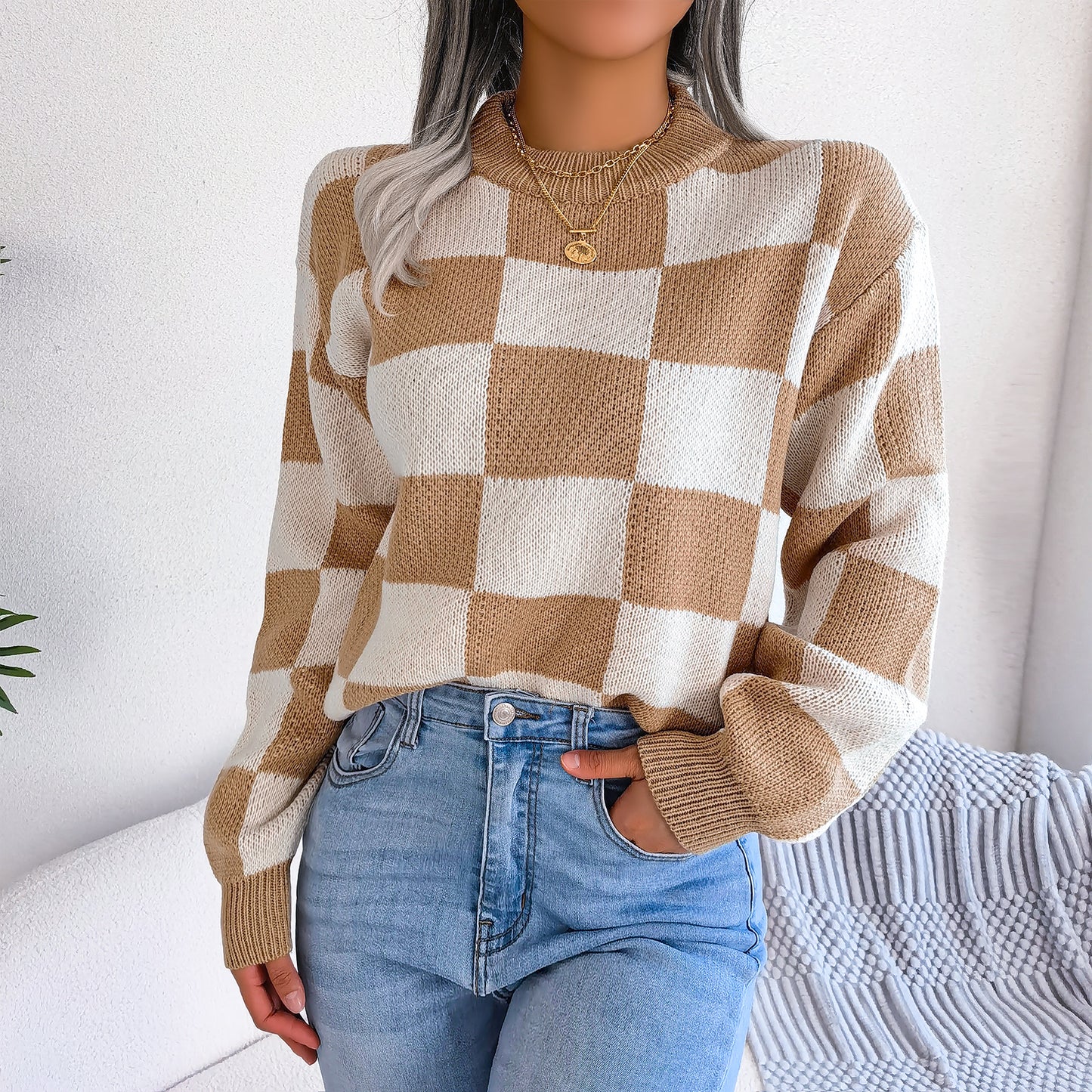 Street Style Color Block Plaid Long Sleeve Pullover Knit Sweater