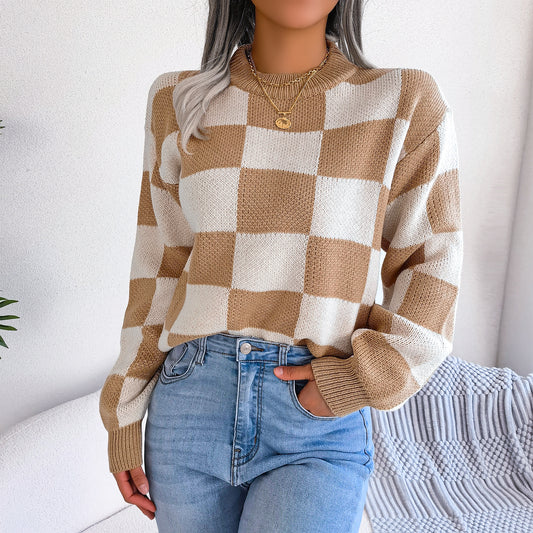 Street Style Color Block Plaid Long Sleeve Pullover Knit Sweater