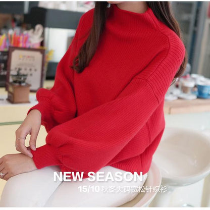 Half-high Collar Short Lantern Sleeve Pullover Sweater Women