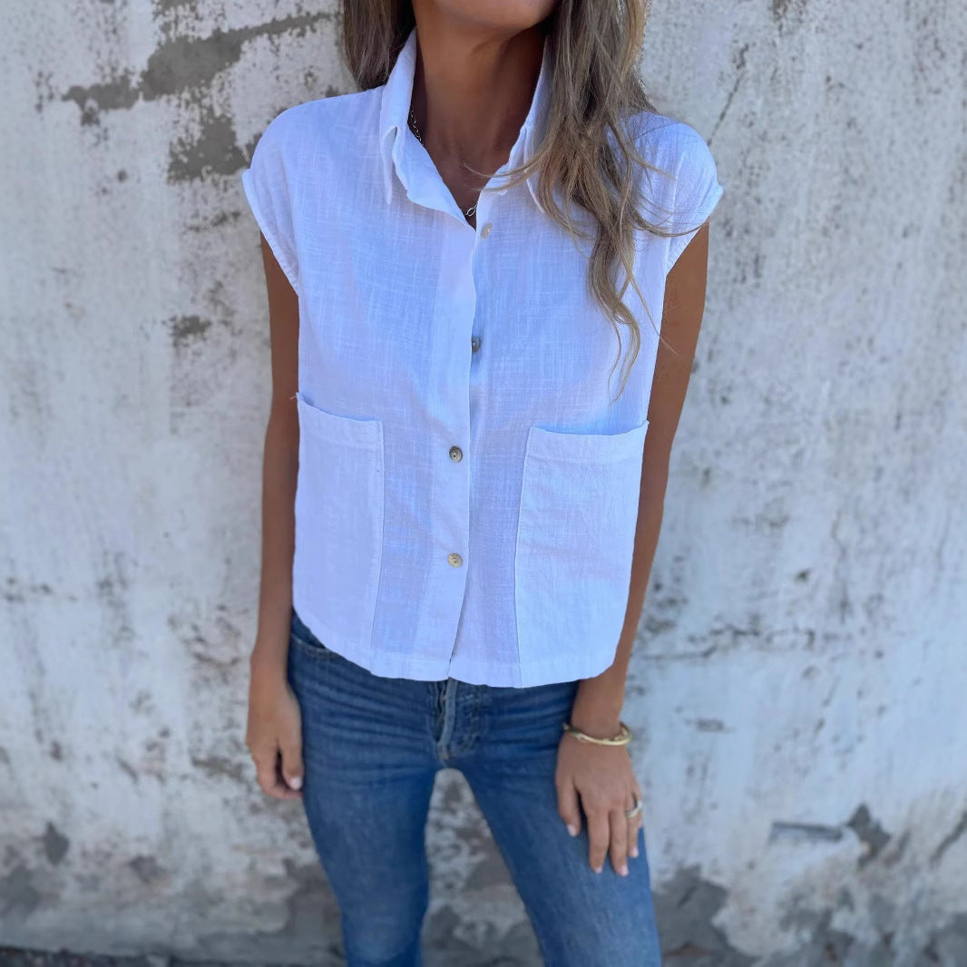 Casual Loose Short Sleeves Button Pocket Cotton Linen Shirt Women