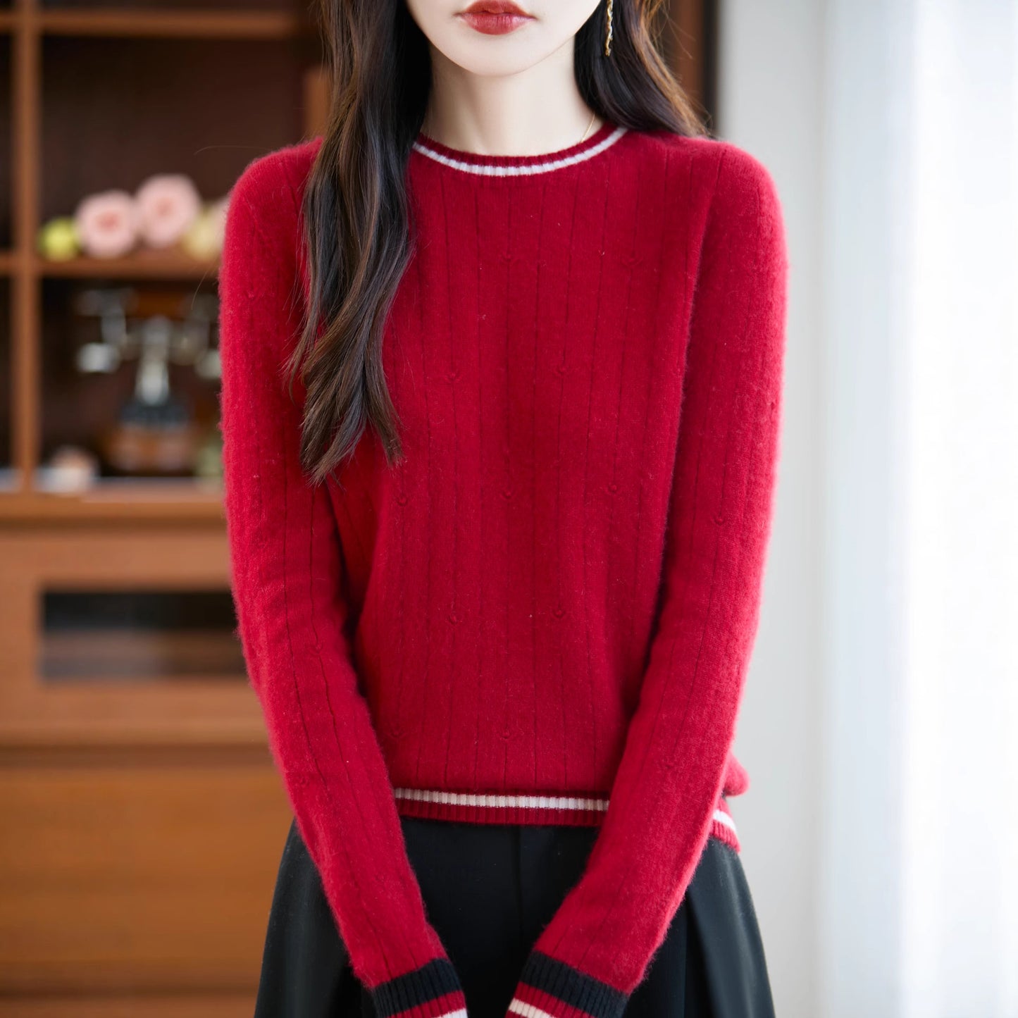 One-line Color-blocked Wool Sweater Women's Round Neck Trendy Design Loose