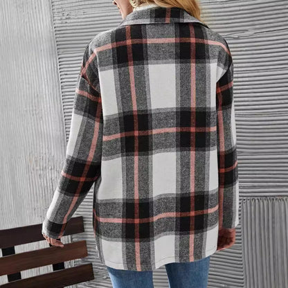 Autumn Winter Women's Wear Drop-shoulder Long-sleeve Lapel Loose Plaid Casual Shirt Coat