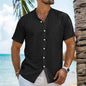 Men's Solid Color Cardigan Henry Collar Short Sleeve Cotton And Linen Shirt