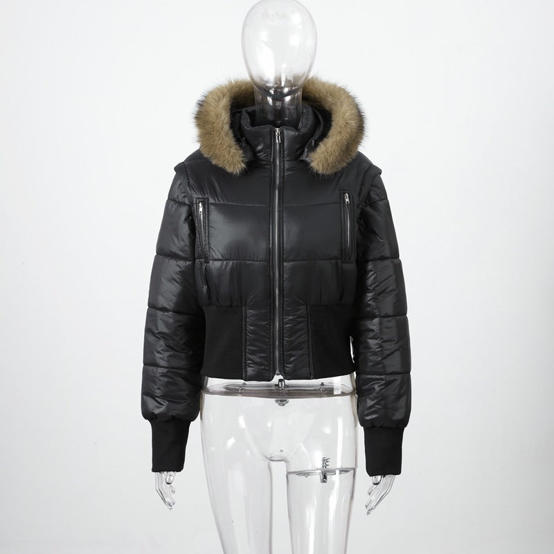 Detachable Sleeves With Zipper Fur Collar Hooded Waist-cinching Cotton Coat