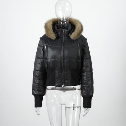 Detachable Sleeves With Zipper Fur Collar Hooded Waist-cinching Cotton Coat