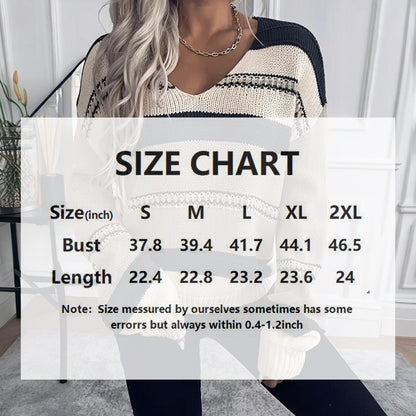 Women's French Vintage Striped Sweater, V-Neck Long Sleeve Stretch Knit Top For Fall Winter Layering