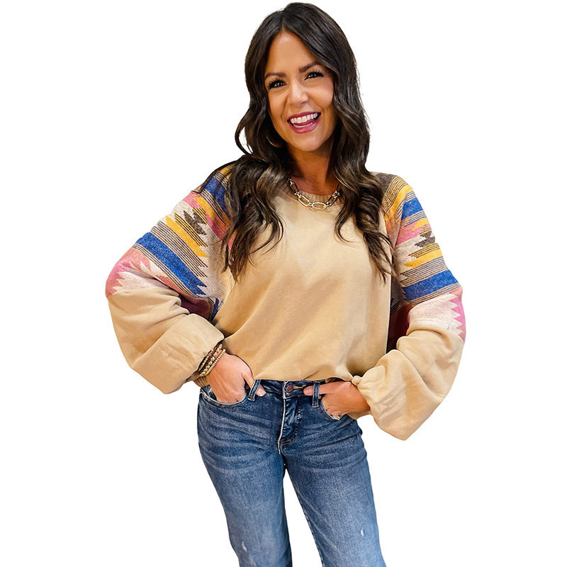 Women's Color Matching Printed Loose Long Sleeves Top