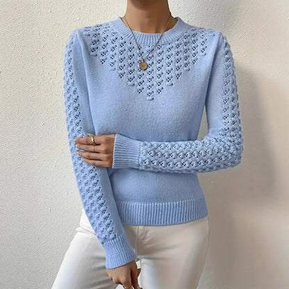 Solid Color Hollow Elegant Round Neck Long Sleeve Sweater