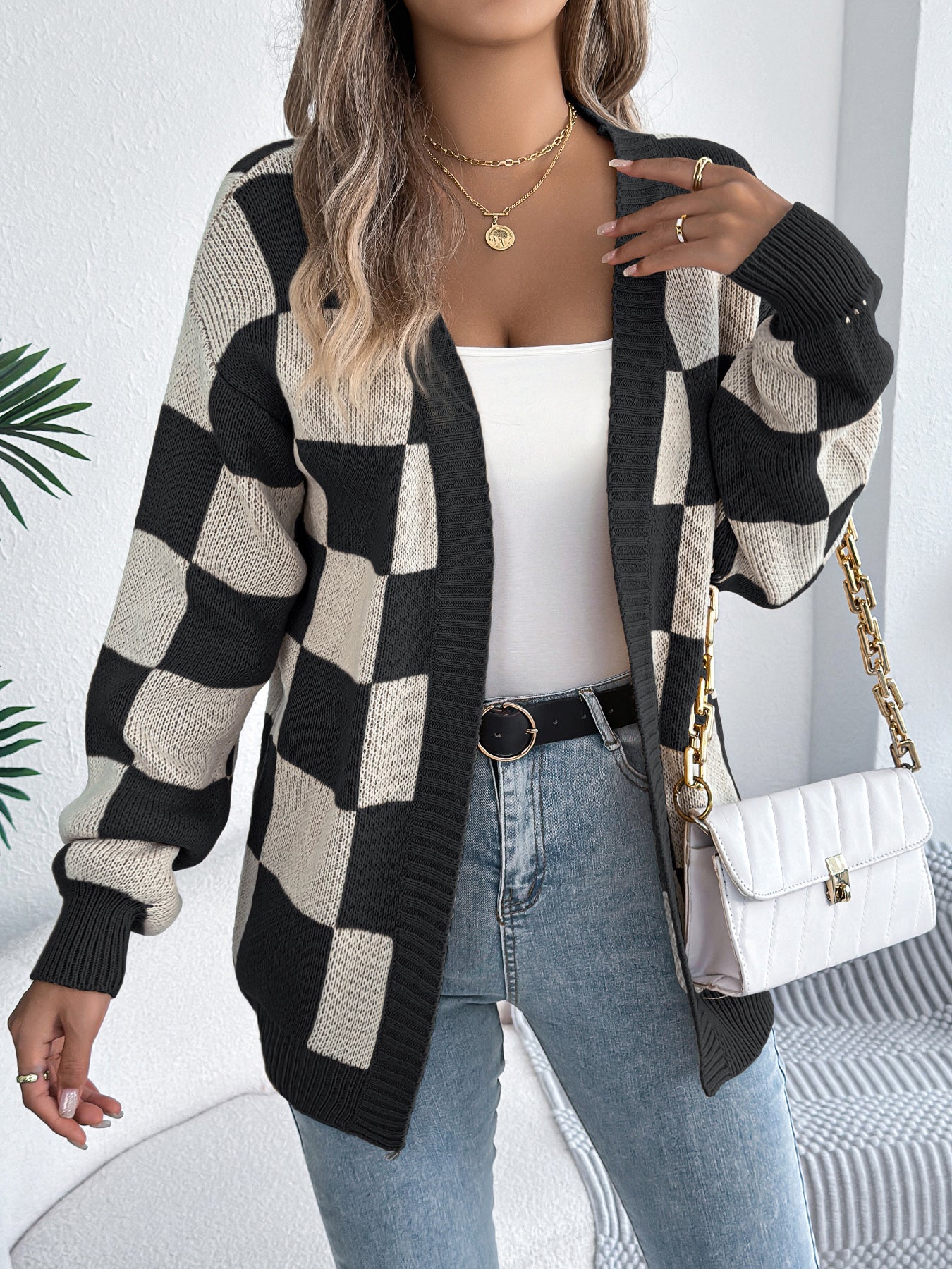 Color Block Plaid Lantern Sleeve Cardigan Sweater Mid-Length Coat
