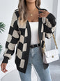 Color Block Plaid Lantern Sleeve Cardigan Sweater Mid-Length Coat