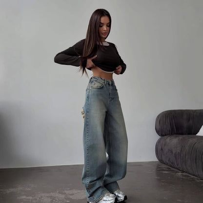 Retro Spicy High Waist Straight Mop Back Ripped Design Jeans