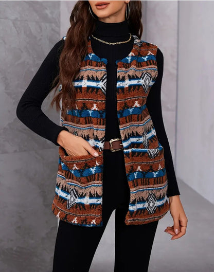 Autumn And Winter Ethnic Style Printed Large Pocket Plush Vest
