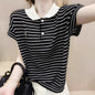 Ice Silk Short Sleeve Striped Embroidery Contrast Color Button Polo
