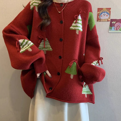Women's Simple And Versatile Christmas Tree Red Sweater Coat