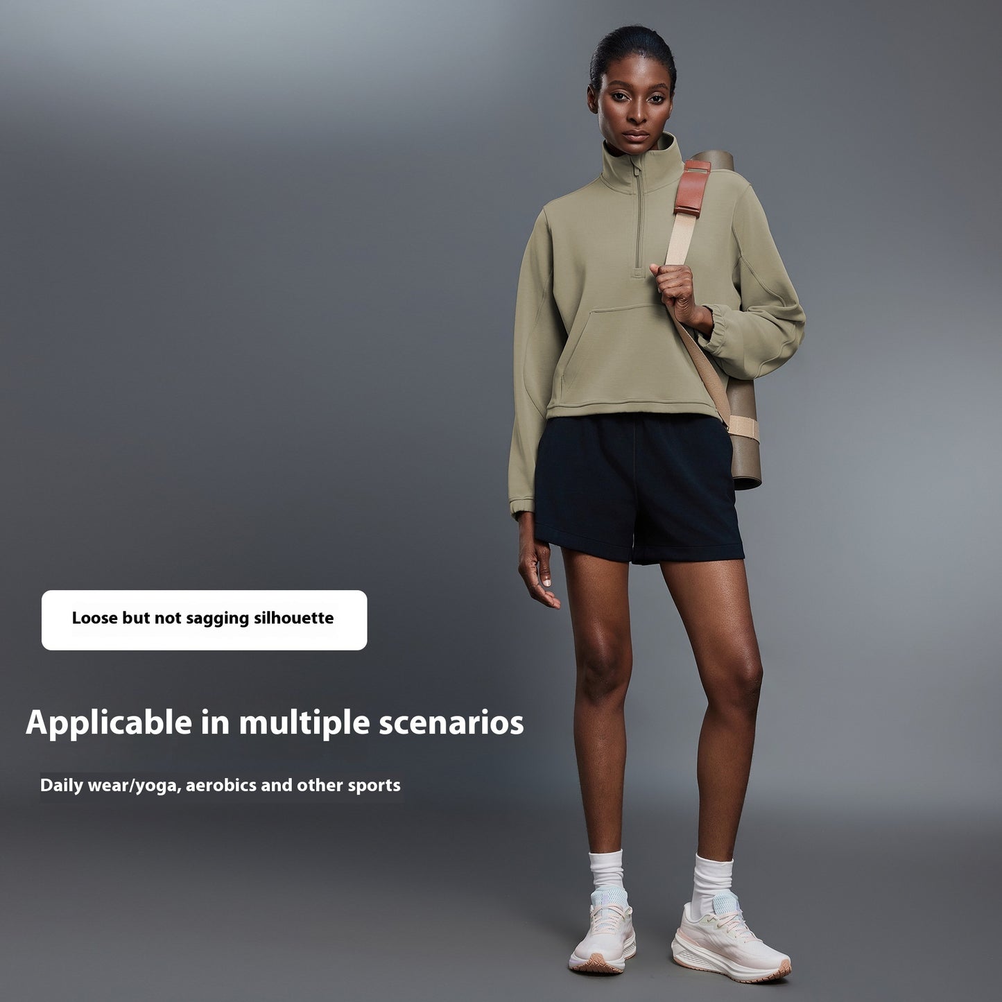 Half Zipped Stand Collar Short Sports Casual Loose Shoulder Long-sleeved Sweater