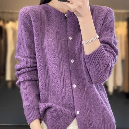 Round Neck Cardigan Hollow Cashmere Sweater Coat For Women