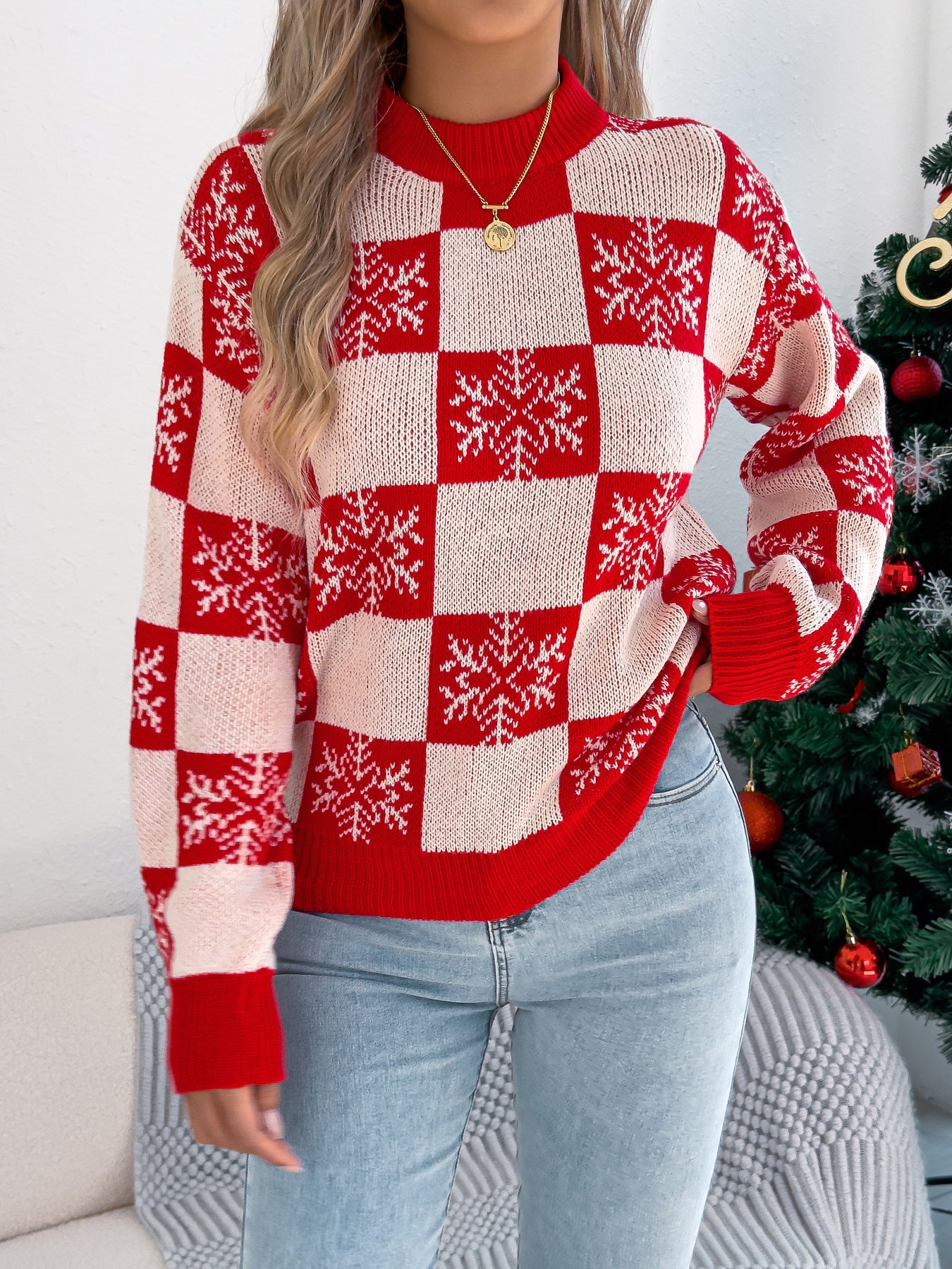 Snowflake Plaid Lantern Sleeve Pullover Sweater