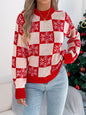 Snowflake Plaid Lantern Sleeve Pullover Sweater
