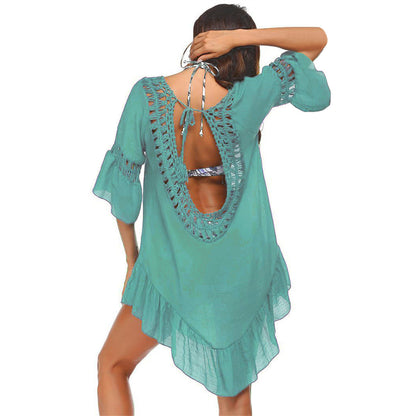 Hand Crocheting Stitching Smock Dress Beach Cover-up Slub Cotton Crochet