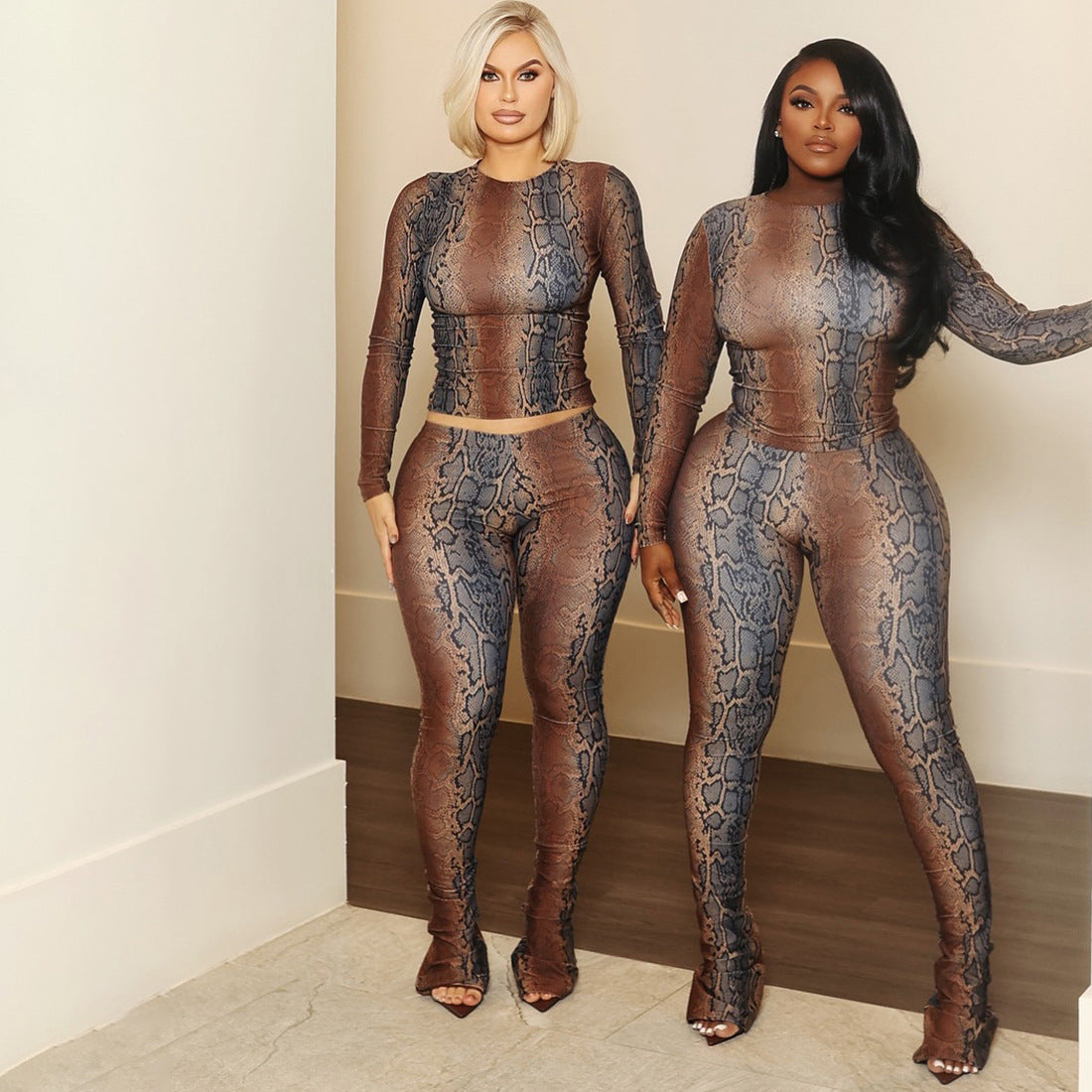 Slim-fit Waist-cinching Long-sleeved High-waist Printed Pantsuit For Women