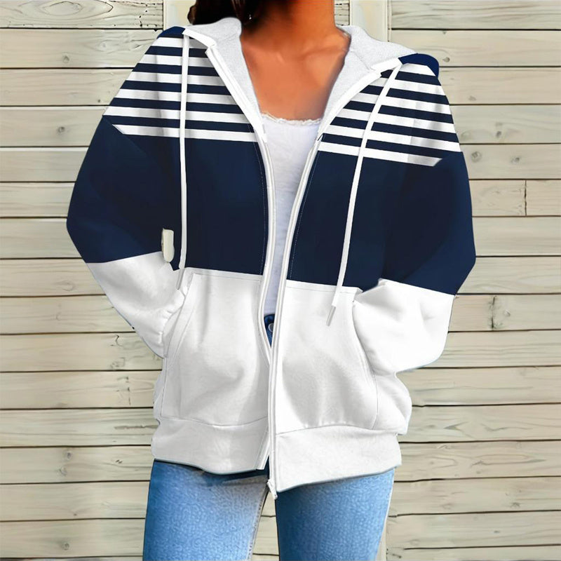 Plus Size Women's Long Sleeve Drawstring Hooded Sweatshirt With Color Block Stripes & Zip Front Pocket For Spring Fall