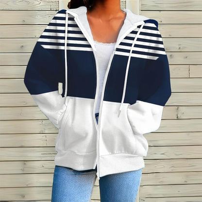 Plus Size Women's Long Sleeve Drawstring Hooded Sweatshirt With Color Block Stripes & Zip Front Pocket For Spring Fall