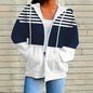 Plus Size Women's Long Sleeve Drawstring Hooded Sweatshirt With Color Block Stripes & Zip Front Pocket For Spring Fall