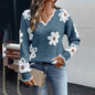 Women's Fall Floral Pattern V-Neck Sweater, Long Sleeve Pullover With Scallop Trim Casual Dressy Top