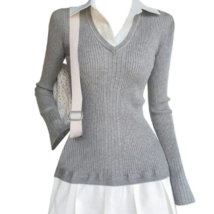 Autumn And Winter Preppy Style Fake Two-piece Mini Knitted Shirt