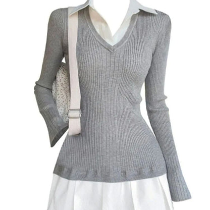 Autumn And Winter Preppy Style Fake Two-piece Mini Knitted Shirt