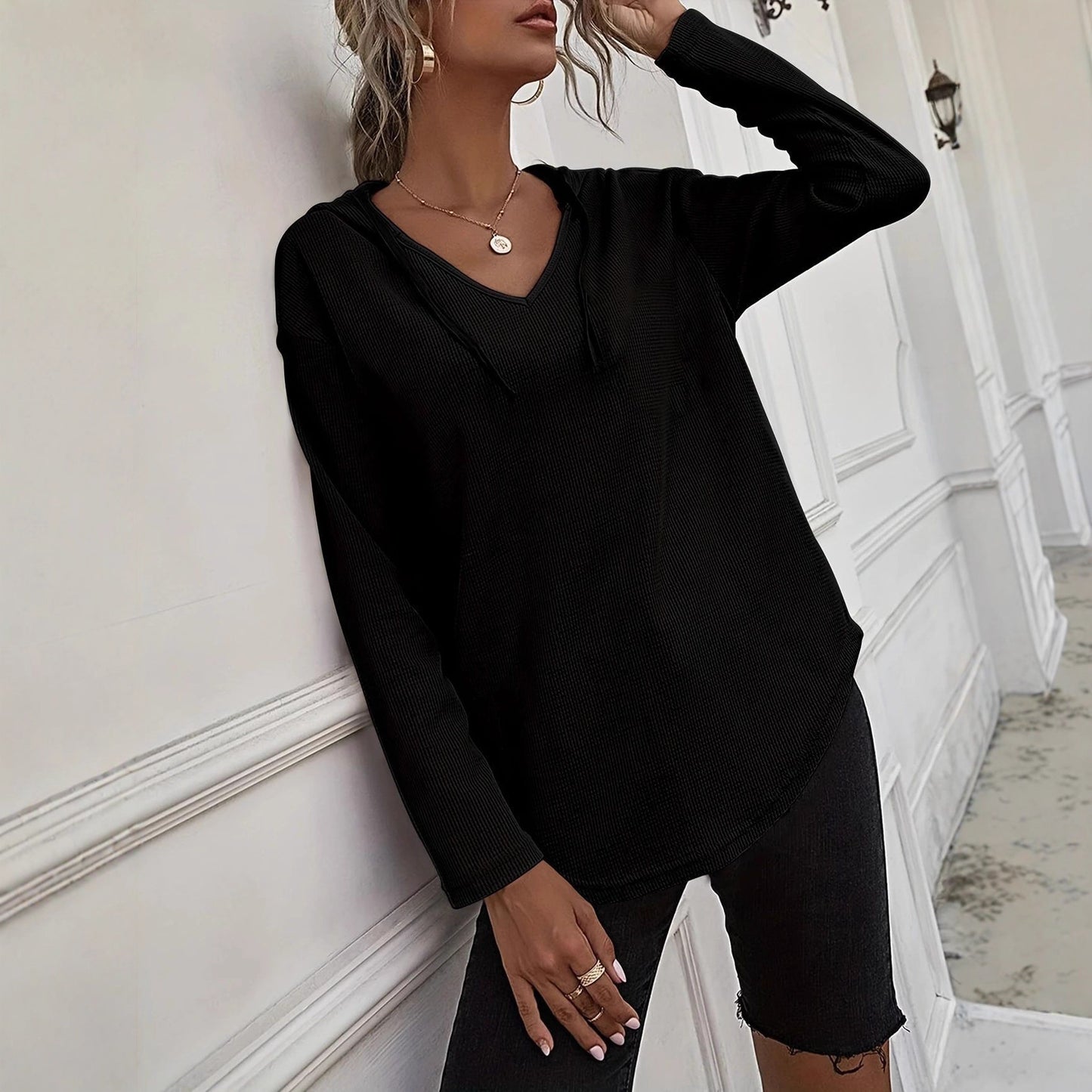 Women's Hoodie With Drawstrings V-neck Plus Size Sweater