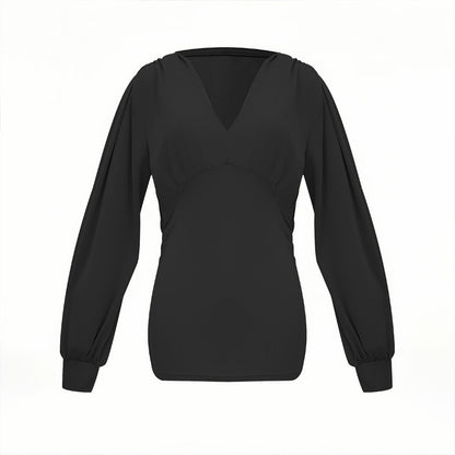 Women's Elegant Solid Color Deep V-Neck Long Sleeve Top With Draped Detail - Casual Pullover Blouse For Spring&Fall