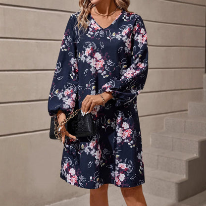 European And American Retro Printed Fashionable Elegant Floral Printed Lantern Sleeve Dress