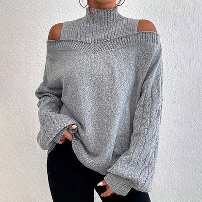 Women's Cold Shoulder Sweater - Sexy High Neck Cut Out Pullover Long Sleeve Top