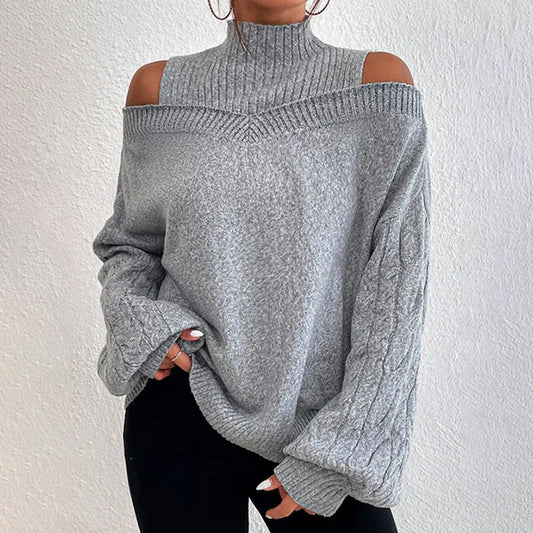 Women's Cold Shoulder Sweater - Sexy High Neck Cut Out Pullover Long Sleeve Top